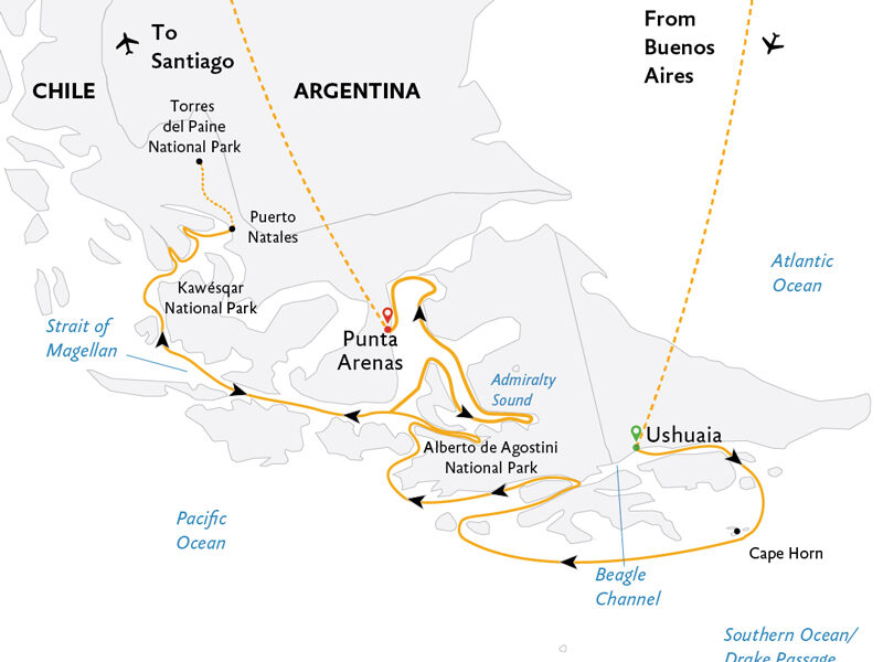 Route map of Essential Patagonia: Chilean Fjords & Torres del Paine Cruise, operating from Buenos Aires to Ushuaia, Argentina for embarkation, disembarking at Punta Arenas, Chile and ending in Santiago, Chile.