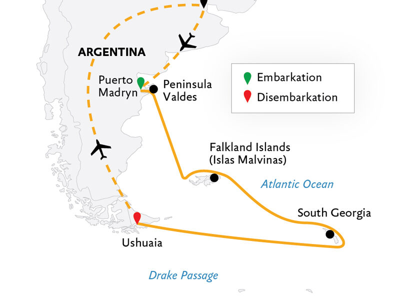 Route map of Falkland Islands & South Georgia 20-day Wildlife Adventure cruise from Puerto Madryn to Ushuaia, Argentina, bookended by flights connecting Buenos Aires.