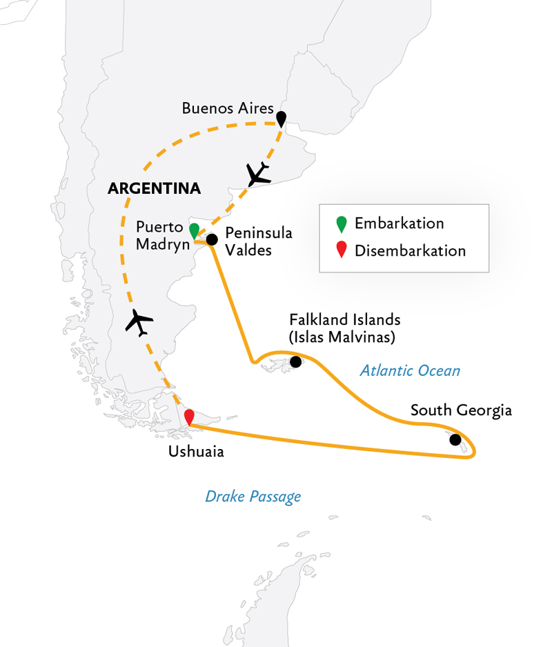 Route map of Falkland Islands & South Georgia 20-day Wildlife Adventure cruise from Puerto Madryn to Ushuaia, Argentina, bookended by flights connecting Buenos Aires.