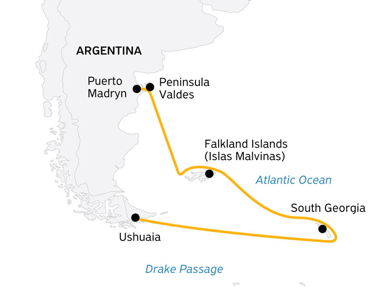 Route map of Falklands & South Georgia: 20-Day Wildlife Adventure cruise from Puerto Madryn to Ushuaia, Argentina.