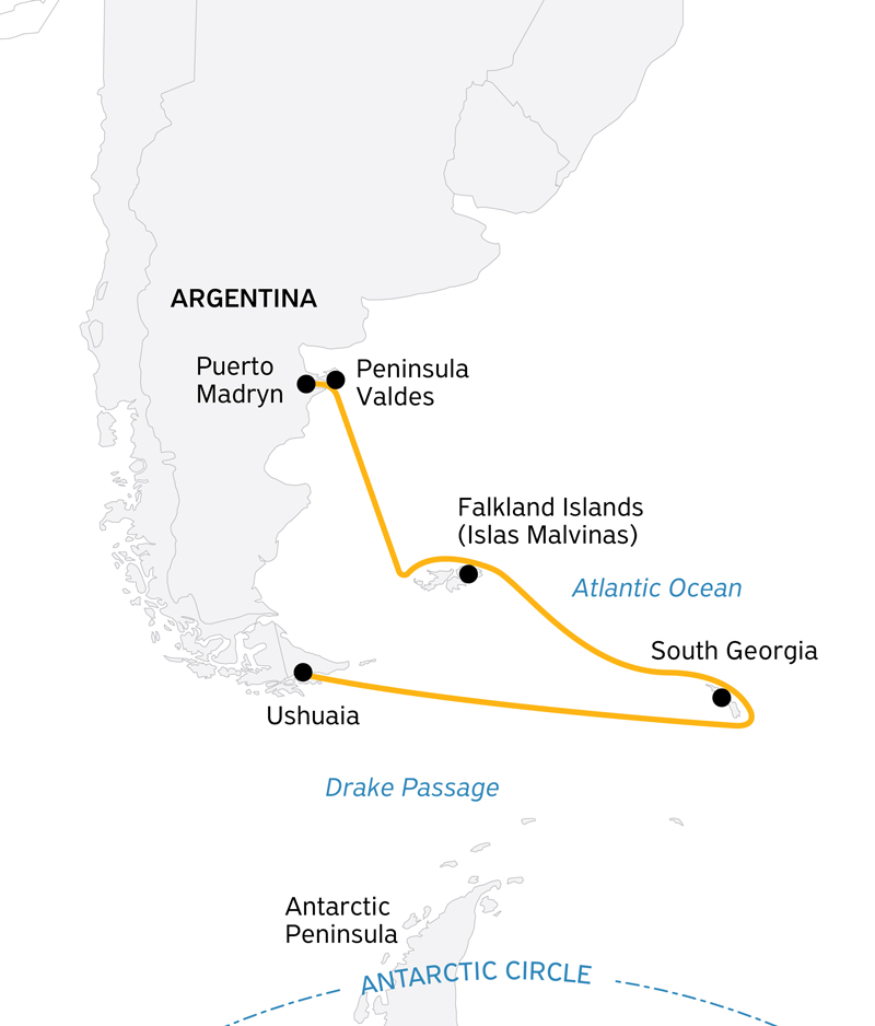 Route map of Falklands & South Georgia: 20-Day Wildlife Adventure cruise from Puerto Madryn to Ushuaia, Argentina.