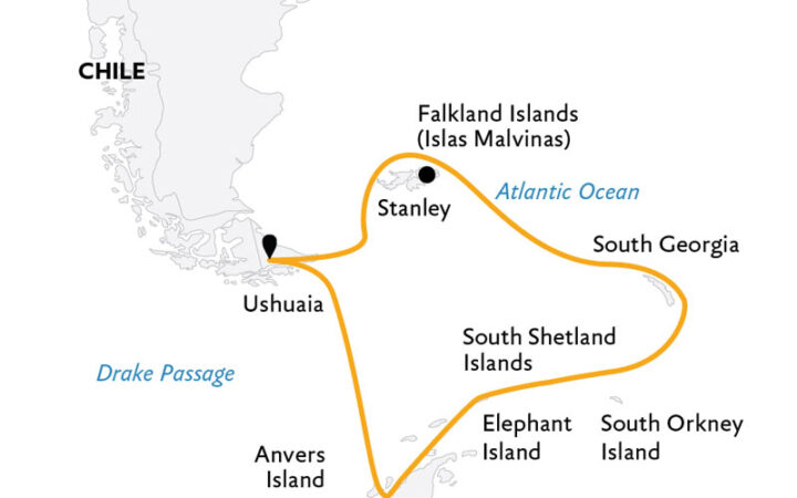 Route map of Penguins of the Far South cruise round-trip from Ushuaia, Argentina with stops at the Falkland Islands, South Georgia & Antarctica.