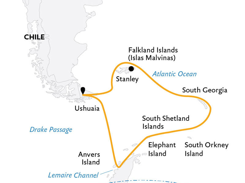 Route map of Penguins of the Far South cruise round-trip from Ushuaia, Argentina with stops at the Falkland Islands, South Georgia & Antarctica.