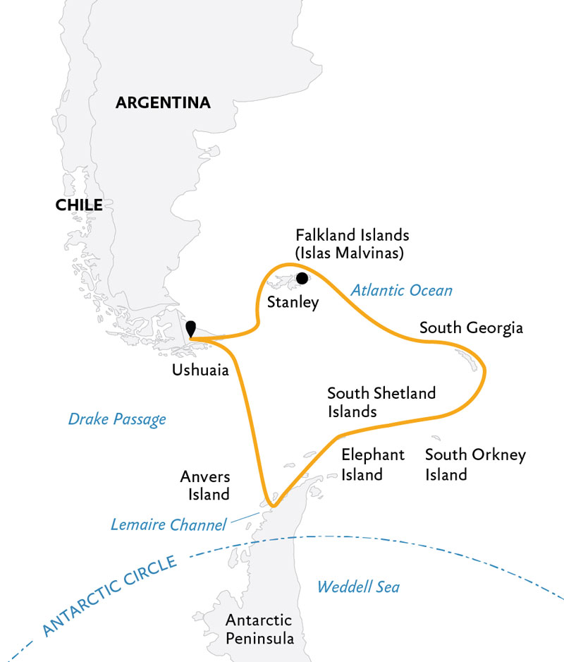 Route map of Penguins of the Far South cruise round-trip from Ushuaia, Argentina with stops at the Falkland Islands, South Georgia & Antarctica.