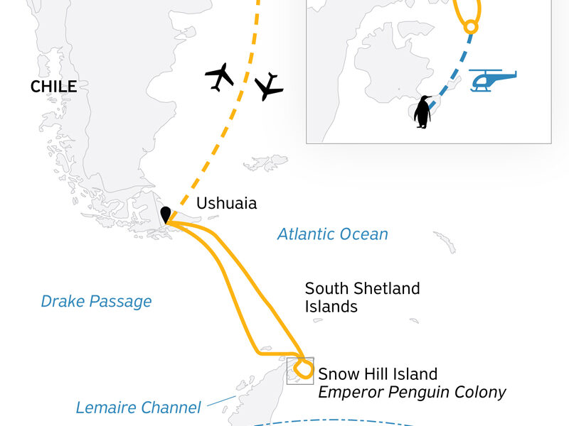 Route map of Snow Hill to the Antarctic Peninsula expedition cruise, operating round-trip from Buenos Aires with flights connecting Ushuaia, Argentina.