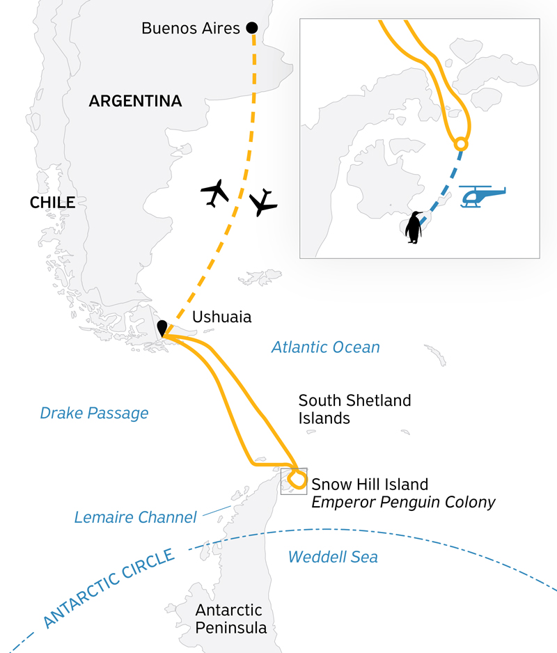 Route map of Snow Hill to the Antarctic Peninsula expedition cruise, operating round-trip from Buenos Aires with flights connecting Ushuaia, Argentina.