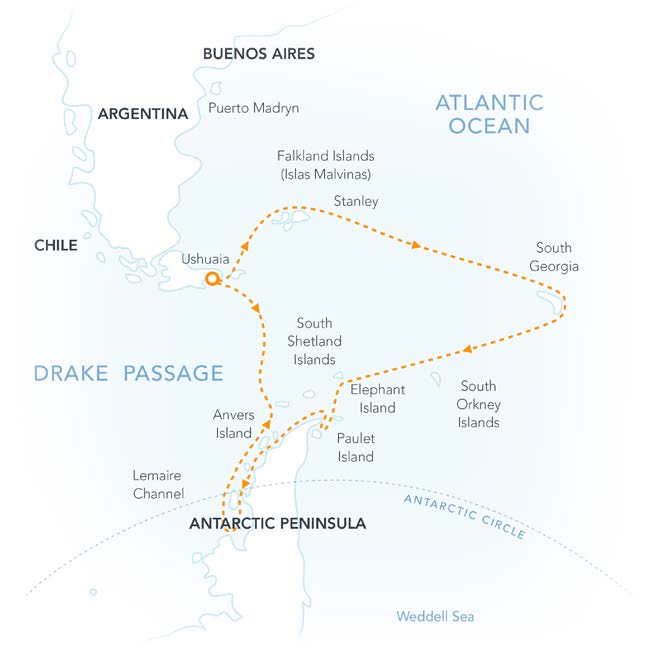 route map of ultimate new years falkland south Georgia Antarctica circle cruise aboard small ship cruise
