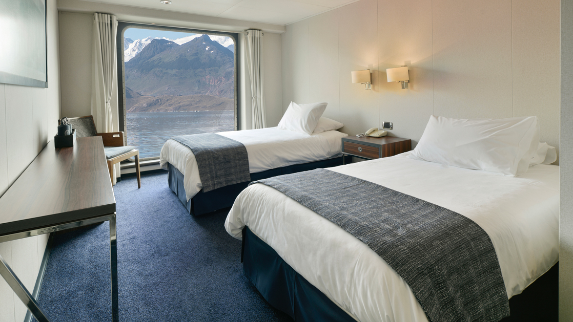 The Stella Australis in Chilean Patagonia has plenty of space in the AAA Twin cabin features twin beds with a full length window