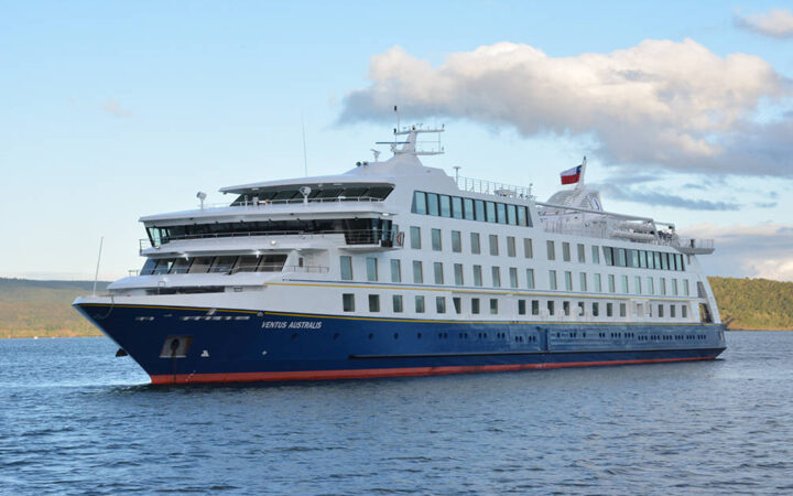 Small ship Ventus Australis cruising in Chile.