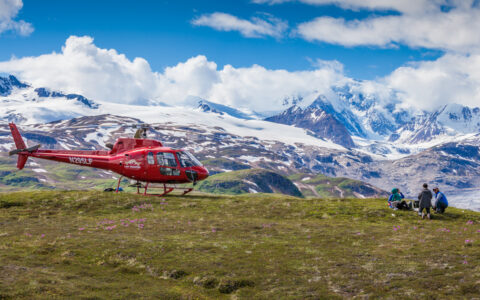 Red helicopter sits turned off atop a high meadow with snowy peaks beyond as Within the Wild Alaska guests have a picnic lunch.