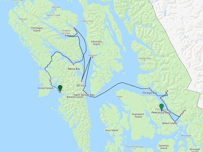 Route map of Alaska's Western Passages small ship cruise, operating between Sitka and Petersburg with visits to Brothers Islands, Wood Spit, Dawes Glacier & Ford's Terror.