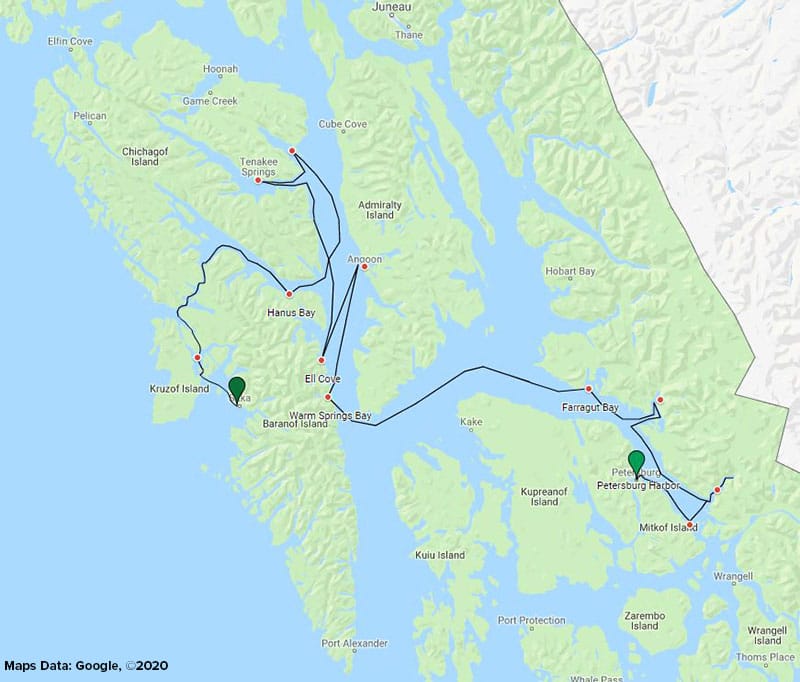 Route map of Alaska's Western Passages small ship cruise, operating between Sitka and Petersburg with visits to Brothers Islands, Wood Spit, Dawes Glacier & Ford's Terror.