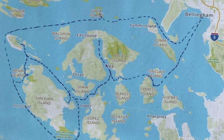Route map of Voyage Through the San Juan Islands cruise, operating round-trip from Bellingham, Washington, with visits to various islands within the archipelago.