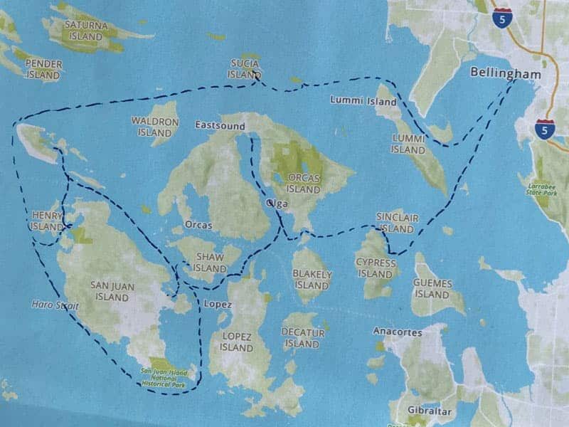 Route map of Voyage Through the San Juan Islands cruise, operating round-trip from Bellingham, Washington, with visits to various islands within the archipelago.