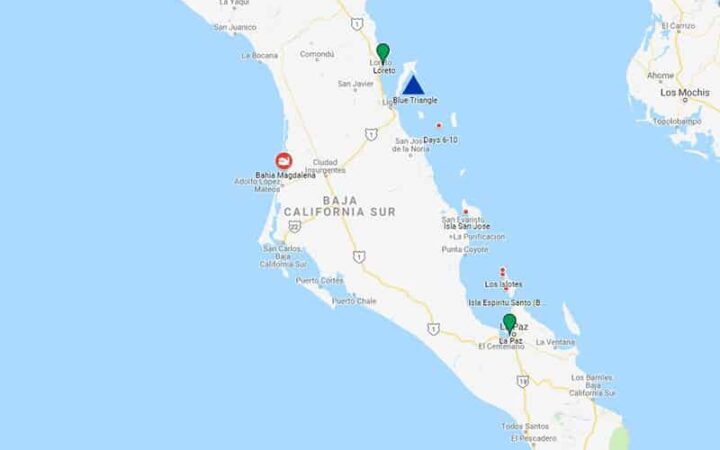 Route map of Westward Voyages in the Sea of Cortez 12-day Baja small ship cruises, operating between La Paz and Loreto & visiting either Magdalena Bay or San Ignacio Lagoons.