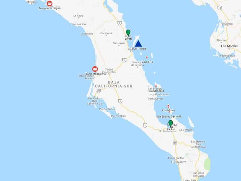 Route map of Westward Voyages in the Sea of Cortez 12-day Baja small ship cruises, operating between La Paz and Loreto & visiting either Magdalena Bay or San Ignacio Lagoons.