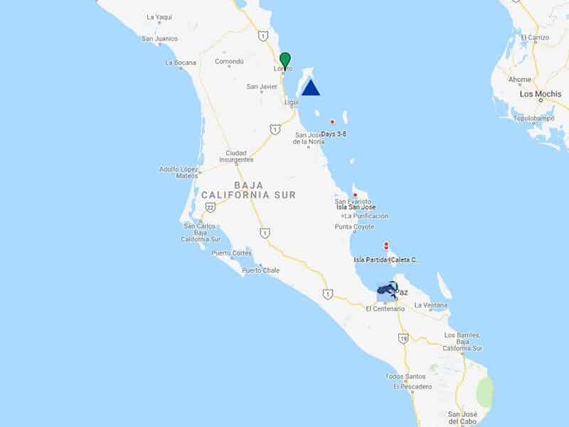 Route map of Westward Voyages in the Sea of Cortez 9-day Whale Shark Baja small ship cruise, operating between Loreto and La Paz.