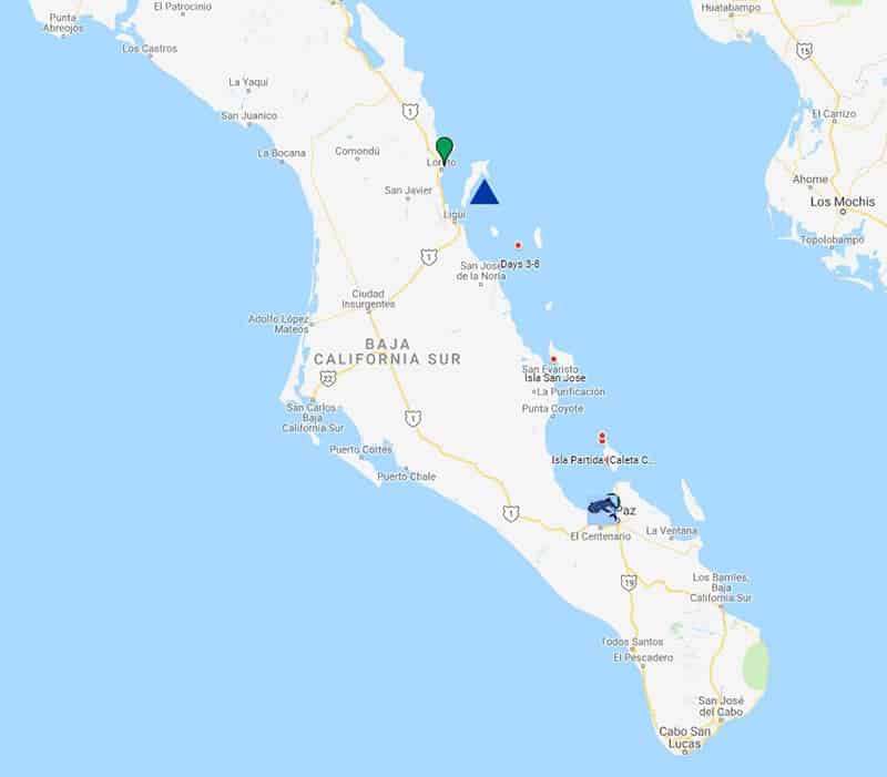 Route map of Westward Voyages in the Sea of Cortez 9-day Whale Shark Baja small ship cruise, operating between Loreto and La Paz.