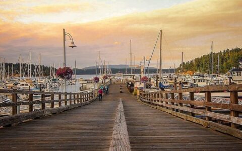 Long wooden wharf leading down to docks with small private boats in Friday Harbor, Washington, at sunset.