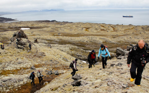 Small group of Arctic travelers dressed warmly in various colors hikes up beige, rocky tundra as a small ship sits offshore.