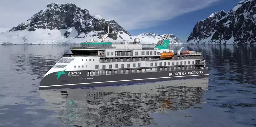 Rendering of Douglas Mawson expedition ship in polar sea with pointed bow, glass atrium, 8 decks, gray, white & green paint.