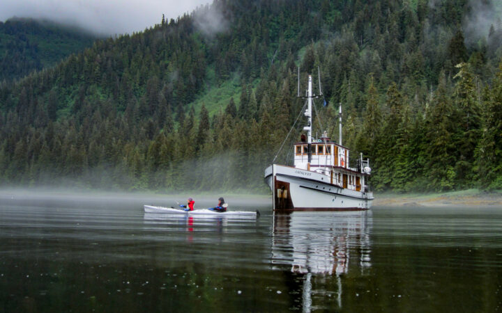 Against a green forested hillside, a small white wooden ship, Catalyst, floats in dark green water as guests in a double kayak paddle around it.