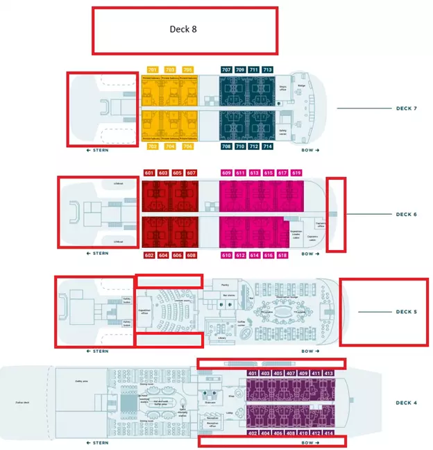 Deck plan of small ship cruise Hondius and its 8 decks 