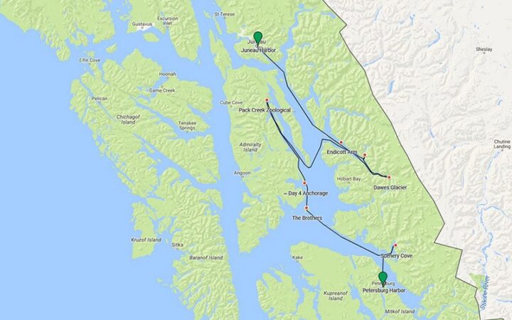 Route map of main & reverse Alaska’s Eastern Passages small ship cruise, operating between Juneau and Petersburg with possible visits to the Brothers Islands, Pack Creek, Wood Spit, Dawes Glacier & Ford's Terror.
