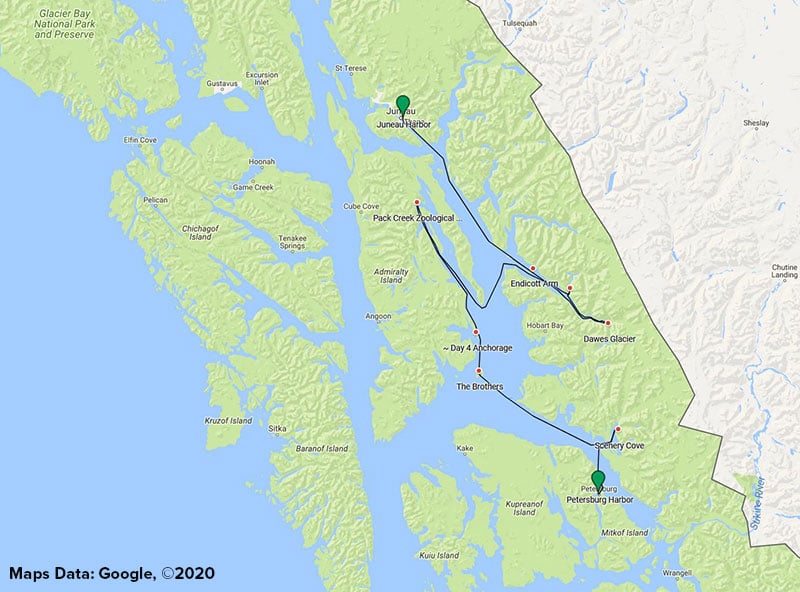 Route map of main & reverse Alaska’s Eastern Passages small ship cruise, operating between Juneau and Petersburg with possible visits to the Brothers Islands, Pack Creek, Wood Spit, Dawes Glacier & Ford's Terror.