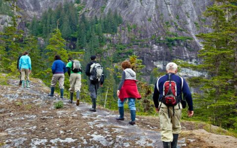 line of adventure travelers on an alaska hiking excursion along a ridge as an activity offered from their small ship cruise