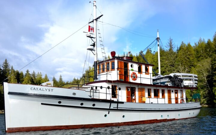 Port side of Catalyst historic wooden ship with white exteriors, square windows & tall mast under blue sky.