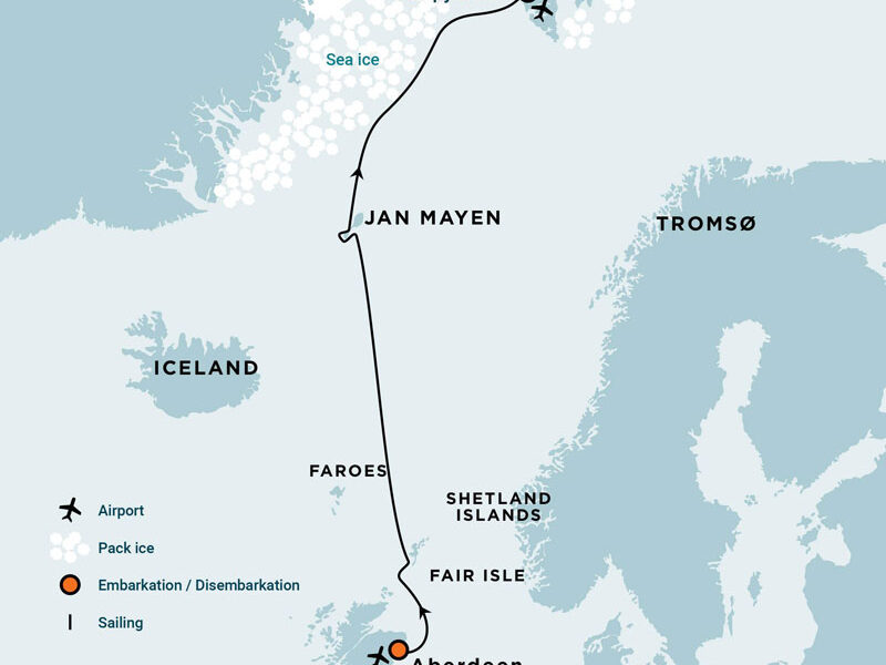 Route map of Arctic Ocean Voyage from Aberdeen, Scotland to Longyearbyen, Svalbard with visits to Fair Isle, Jan Mayen & east Greenland's ice edge.