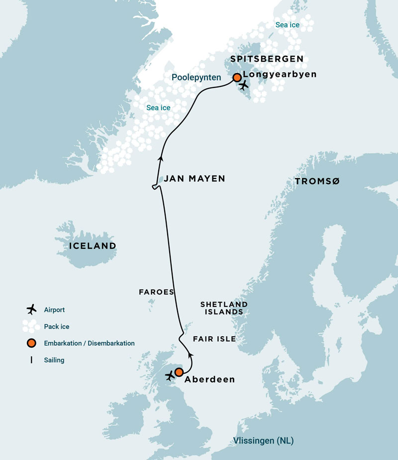 Route map of Arctic Ocean Voyage from Aberdeen, Scotland to Longyearbyen, Svalbard with visits to Fair Isle, Jan Mayen & east Greenland's ice edge.