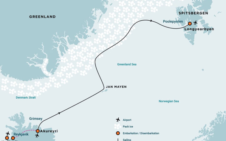 Route map of Arctic Ocean Voyage from Akureyri, Iceland to Longyearbyen, Svalbard with visits to Jan Mayen & east Greenland's ice edge.