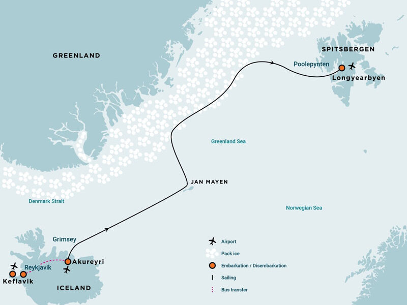 Route map of Arctic Ocean Voyage from Akureyri, Iceland to Longyearbyen, Svalbard with visits to Jan Mayen & east Greenland's ice edge.
