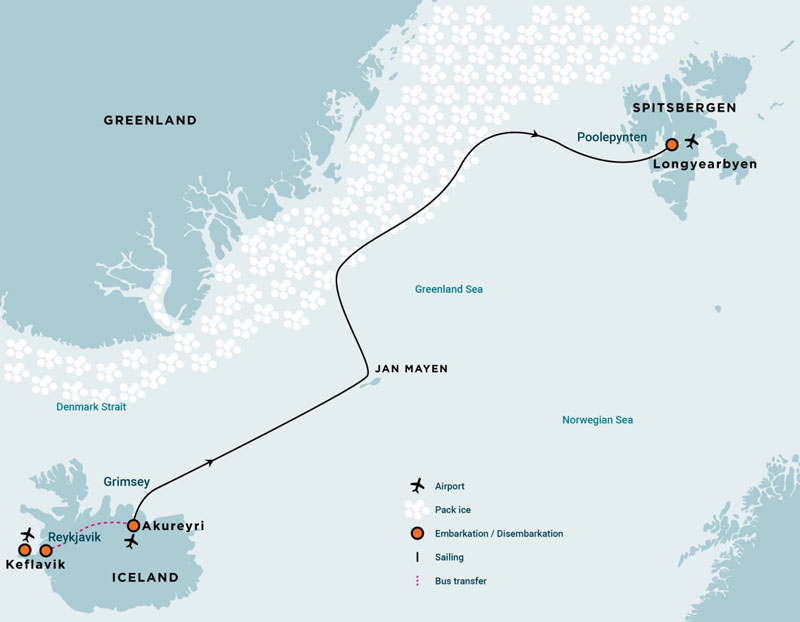 Route map of Arctic Ocean Voyage from Akureyri, Iceland to Longyearbyen, Svalbard with visits to Jan Mayen & east Greenland's ice edge.