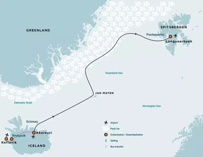 Route map of Arctic Ocean Voyage from Akureyri, Iceland to Longyearbyen, Svalbard with visits to Jan Mayen & east Greenland's ice edge.