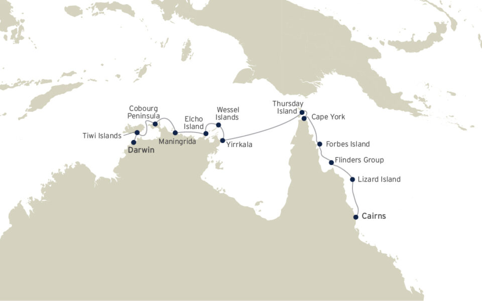 Route map of eastbound Cape York & Arnhem Land cruise in Australia, operating between Cairns & Darwin with visits to Cooktown, Lizard Island, Bremer Island, Hole in the Wall & Cobourg Peninsula.