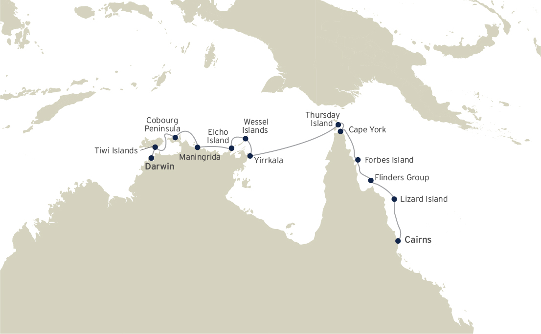 Route map of eastbound Cape York & Arnhem Land cruise in Australia, operating between Cairns & Darwin with visits to Cooktown, Lizard Island, Bremer Island, Hole in the Wall & Cobourg Peninsula.