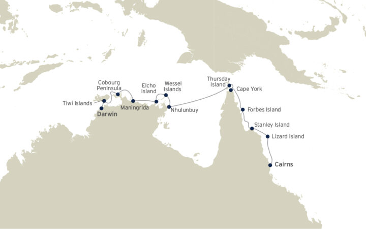 Route map of westbound Cape York & Arnhem Land cruise in Australia, operating between Darwin & Cairns with visits to Tiwi Islands, Cobourg Peninsula, Maningrida, Nhulunbuy (Gove) & the islands of Elcho, Wessel, Thursday, Forbes, Stanley & Lizard.