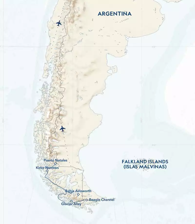 Route map of classic patagonia glaciers and peaks by lindblad shpwing in blue lines on a tan map