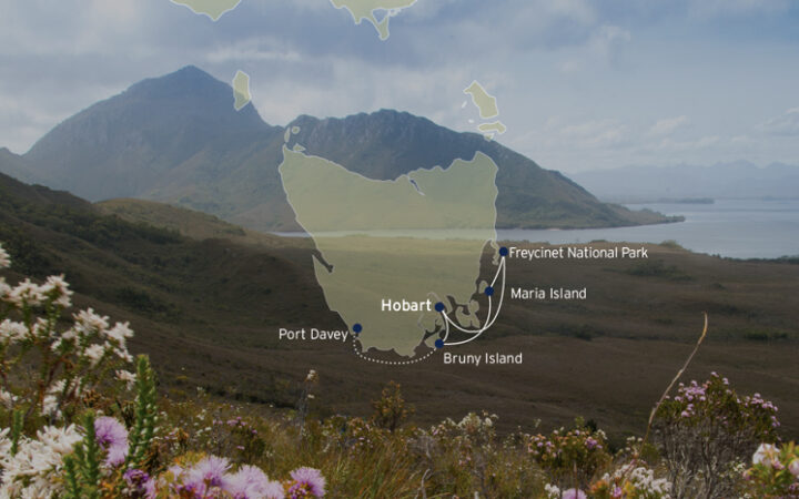 Route map of Coastal Adventures: Tasmania cruise round-trip from Hobart with visits along the southeast.