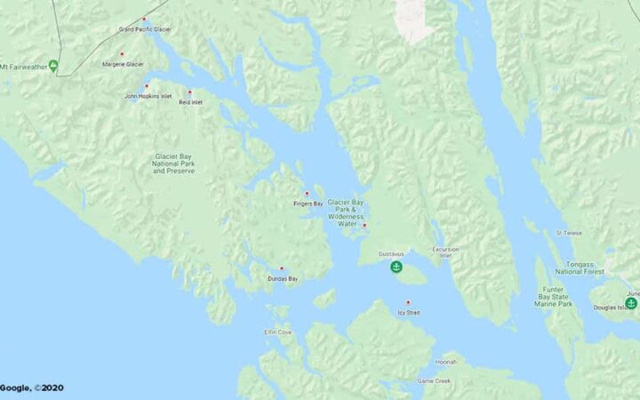 Route map of Discover Glacier Bay Alaska Inside Passage small ship cruise, operating round-trip from Juneau.