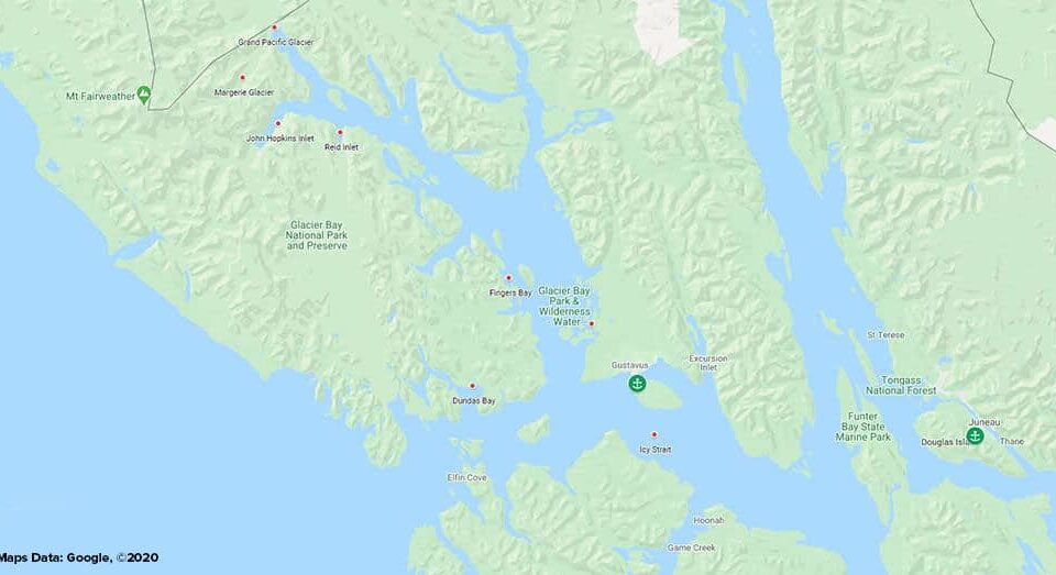 Route map of Discover Glacier Bay Alaska Inside Passage small ship cruise, operating round-trip from Juneau.
