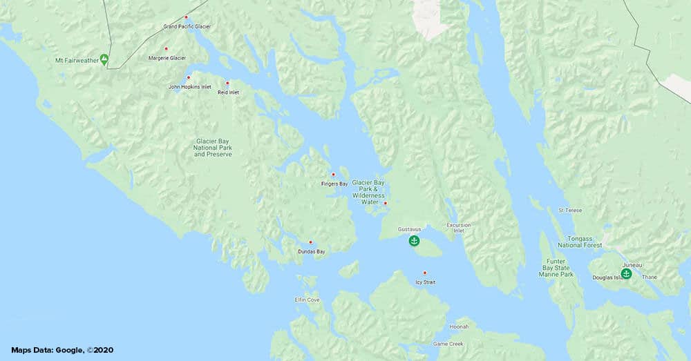 Route map of Discover Glacier Bay Alaska Inside Passage small ship cruise, operating round-trip from Juneau.