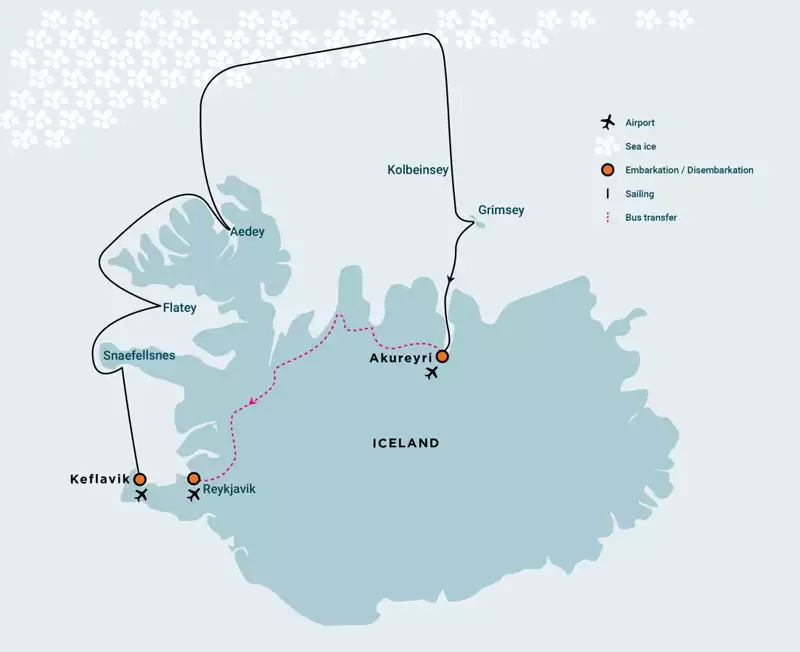 Route map of Northwest Iceland Explorer - Into the Pack Ice cruise from Reykjavik to Akureyri, Iceland, with visits along the Westfjords, the ice edge and Grimsey Island.
