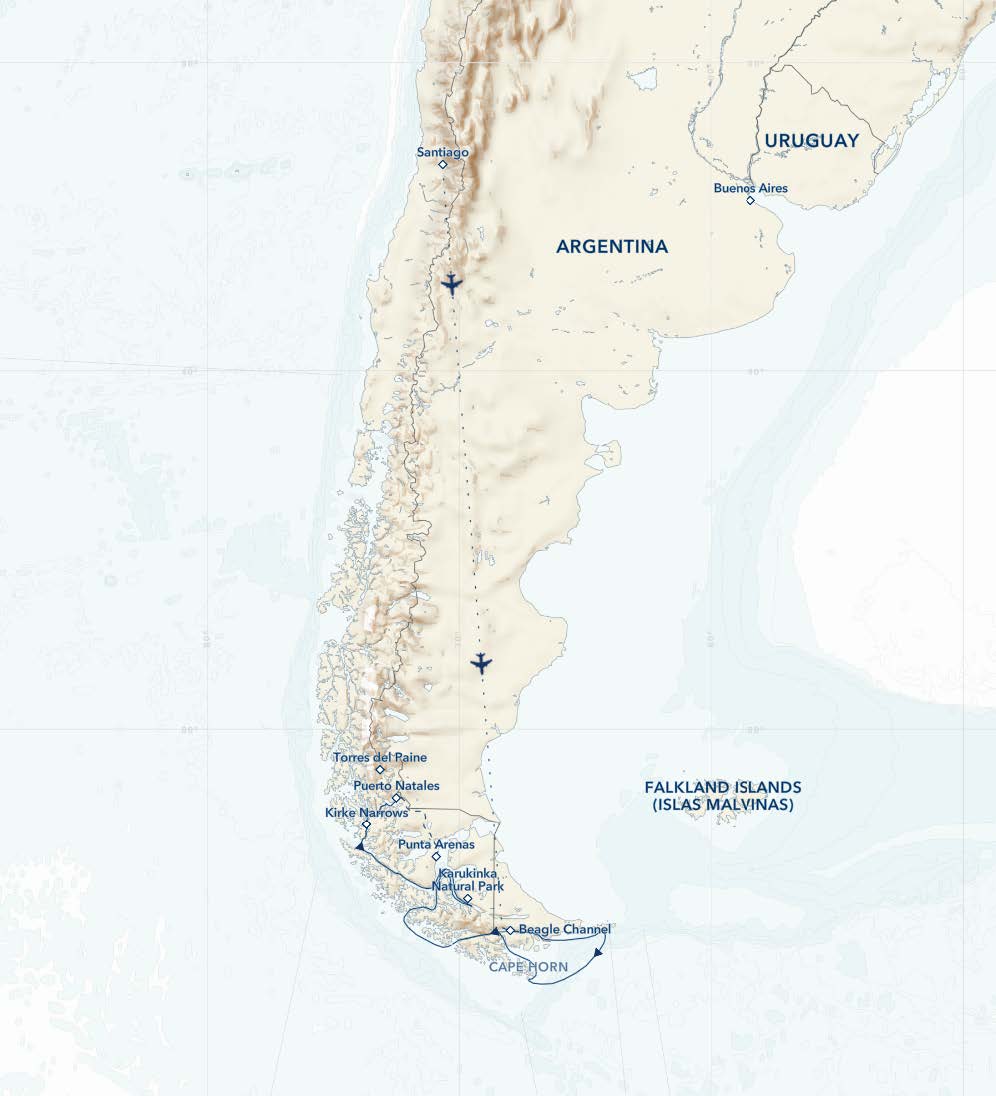 10-Day Northbound Patagonia: Chilean Fjords & Argentina's Staten Island Itinerary  route map