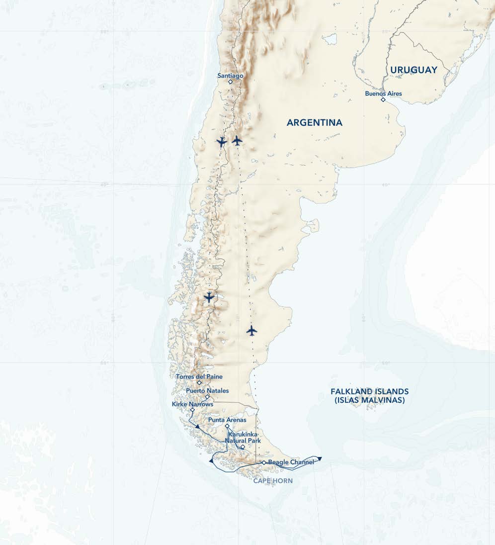 10-Day Southbound Patagonia: Chilean Fjords & Argentina's Staten Island Itinerary route map