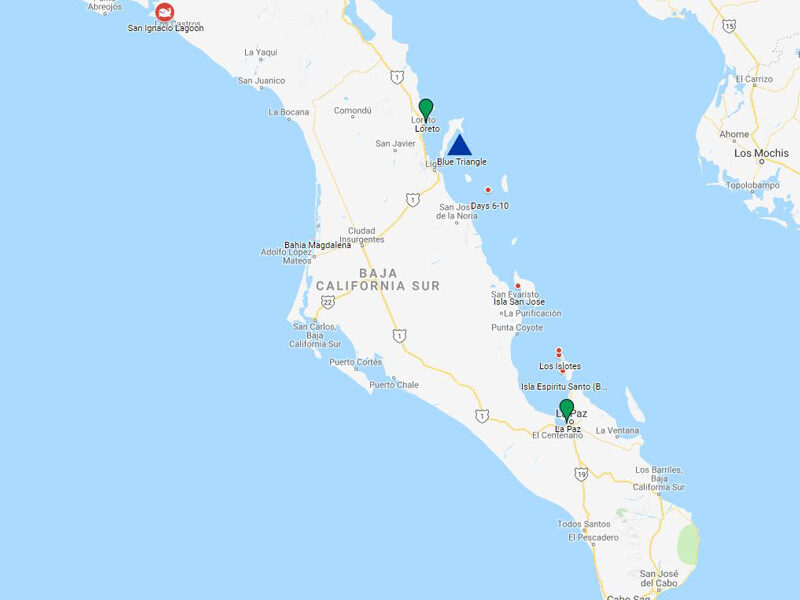 Route map of Westward Voyages in the Sea of Cortez 11-day Baja small ship cruises, operating between La Paz and Loreto & visiting San Ignacio Lagoons.