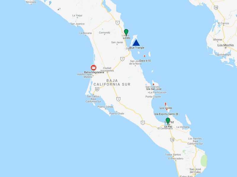 Route map of Westward Voyages in the Sea of Cortez 11-day Baja small ship cruises, operating between La Paz and Loreto & visiting Magdalena Bay.